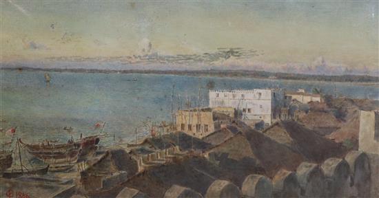 19th century English School, watercolour, Zanzibar looking North, signed with monogram and dated 1866, 19 x 35cm